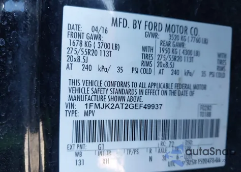 2016 Ford Expedition El Limited from USA, damaged, VIN 1FMJK2AT2GEF49937